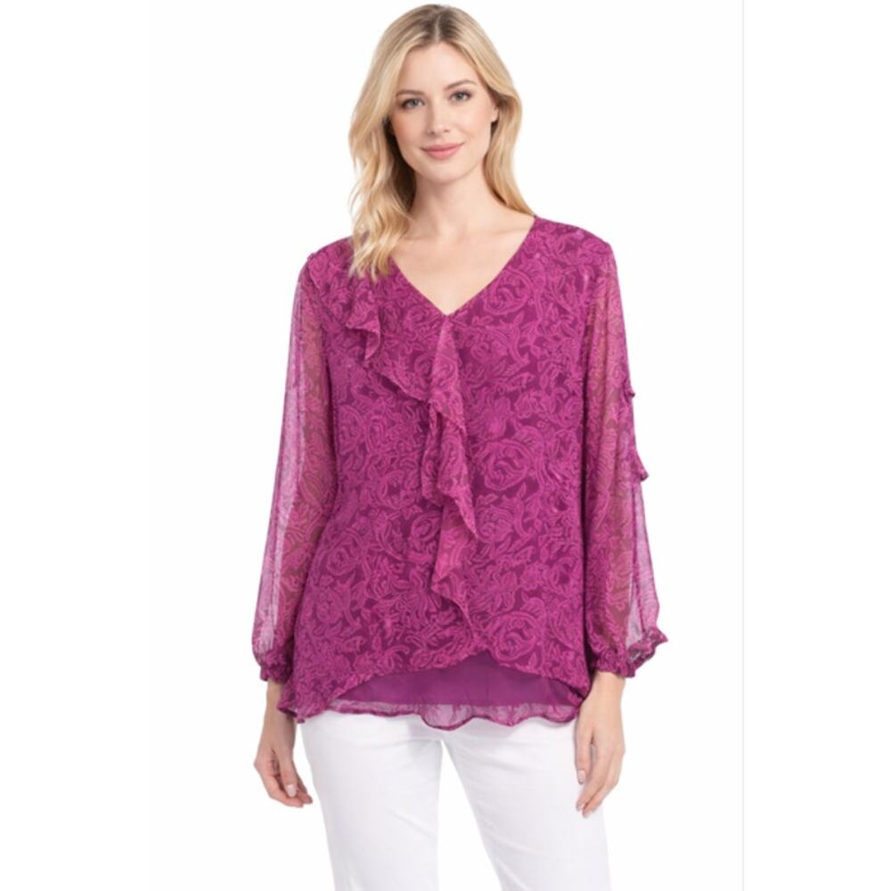 Soft Surroundings Silky Flounce Blouse Ruffles Sheer Sleeves Sz PXL Purple Fairy
